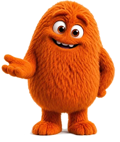 Squint, an orange fluffy monster, waving
