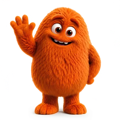 Squint, an orange fluffy monster, waving